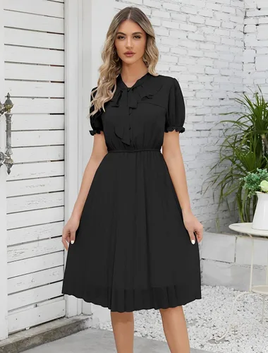 Vista 3 de HAOKEKE Vestido estampado de mujer de manga larga vestido de gasa retro marrón rejilla plisada botones abajo pajarita hada señora vestido