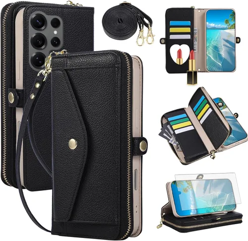 Vista 78 de Asuwish Funda de teléfono para Samsung Galaxy S23 5G con cremallera, funda para celular con protector de pantalla, correa para el hombro, espejo