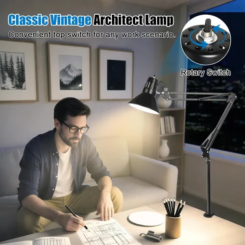 Vista 5 de Lámpara de escritorio con abrazadera LED, lámpara de escritorio con brazo oscilante ajustable de 360°, luz de abrazadera con bombilla LED que cuida