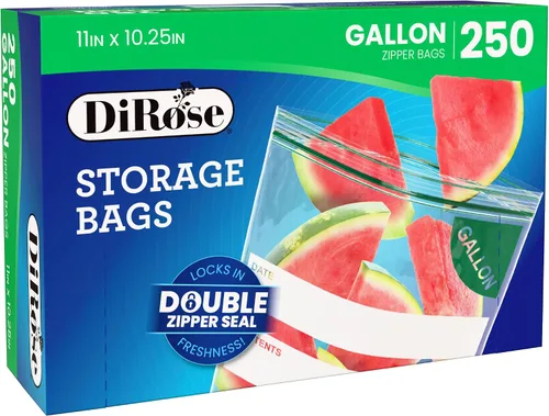 Vista 2 de DiRose Paquete de 250 bolsas de almacenamiento con cierre de 1 galón, diseño práctico y duradero, material seguro para alimentos, sin BPA, cierre