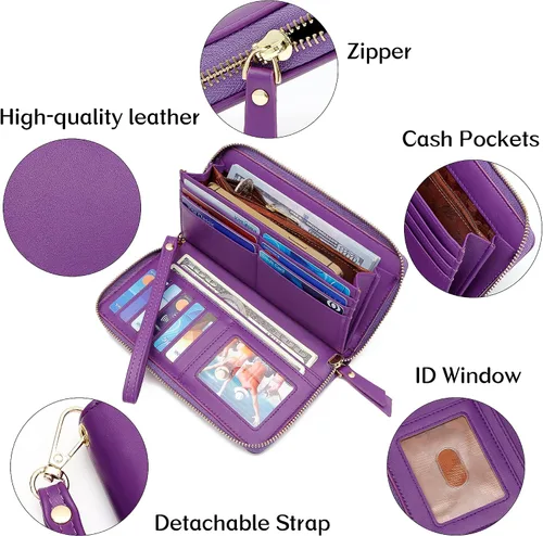 Vista 5 de GEEAD Billeteras para mujer, de piel sintética, de gran capacidad, para tarjetas de crédito, cartera de mano, Violeta oscuro, De moda