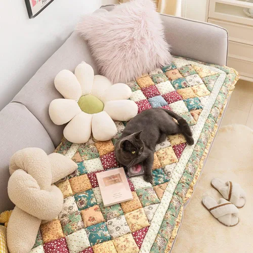 Vista 3 de vctops Funda acolchada de algodón bohemio con retazos para sofá, funda de sofá modular con volantes para sala de estar, antideslizante, suave, cojín