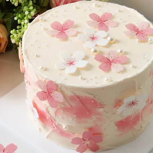 Vista 2 de 60 piezas de flores comestibles para decorar pasteles y cupcakes, decoraciones de papel de oblea en forma de flores de cerezo rosa, temática