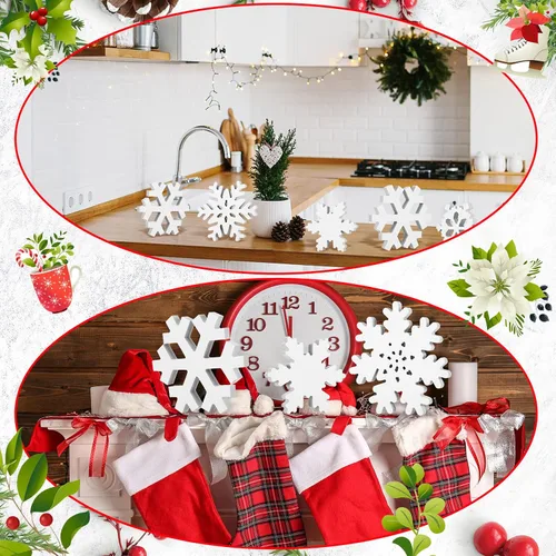 Vista 7 de Kajaia 9 piezas de decoración de mesa de copo de nieve de madera de invierno blanco 3D copo de nieve centros de mesa de invierno letrero de pie
