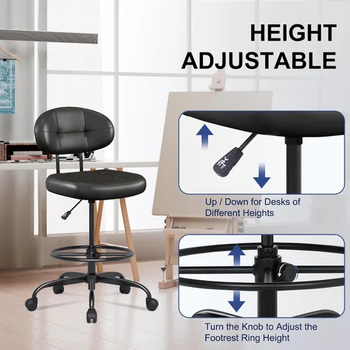 Vista 5 de Misolant Silla de dibujo sin brazos, silla de oficina alta con anillo reposapiés para escritorio de pie, pequeña silla de oficina ejecutiva de piel