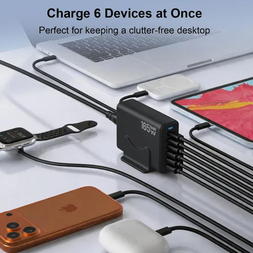 Vista 5 de Estación de carga de 165 W, cargador de escritorio de 6 puertos, 3 puertos 40 W, color negro Multi-Device Charger, 3 PD USB C 40W and 3 15W USB A