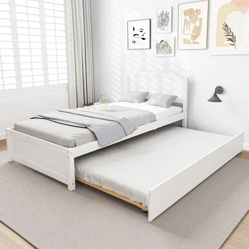 Vista 3 de Cama nido individual, marco de cama extraíble de madera maciza, cama de día extensible con cabecera y soporte de listones de madera sólida Blanco