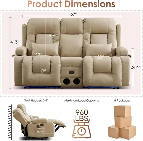 Vista 2 de TUNYI Wall Hugger - Sofá reclinable con consola, sofá biplaza reclinable eléctrico para autocaravana con masaje y Beige