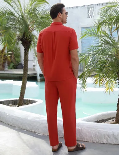 Vista 3 de TURETRENDY Conjunto de 2 piezas de lino para hombre, camisa bordada con botones y pantalones sueltos, color rojo ladrillo, talla XXL, Rojo ladrillo