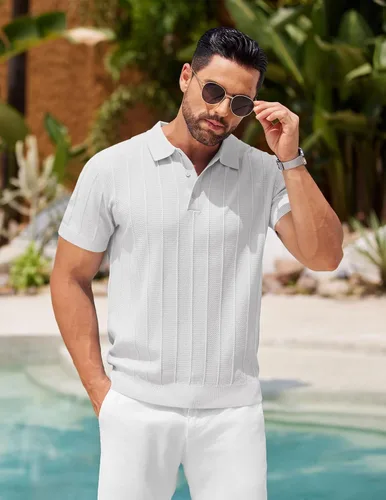 Vista 128 de COOFANDY Camisas polo de punto para hombre de manga corta con textura acanalada Camisas de golf casuales y ligeras con cuello Camiseta de polo
