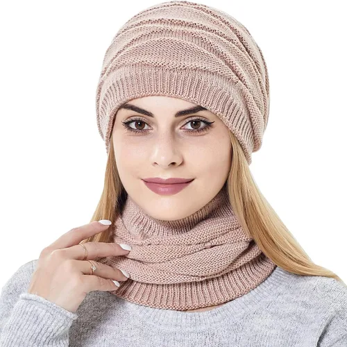 Vista 3 de Conjunto de gorro y bufanda para mujer para niñas, gorro de esquí de invierno de punto cálido con forro polar