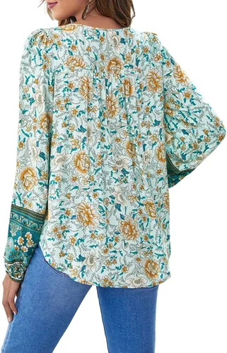 Vista 4 de YUZIBAO Blusas para mujer, cuello en V, manga larga, estilo bohemio, blusas con estampado floral