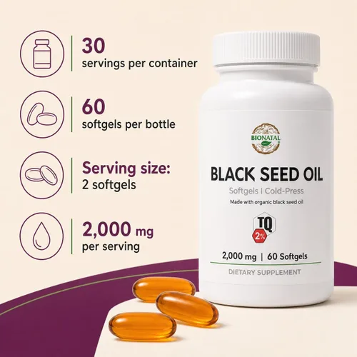 Vista 2 de BioNatal Sofgeles de aceite de semilla negra 2% de timoquinona (TQ) - Cápsulas blandas orgánicas de Nigella Sativa 2,000 mg Aceite de semilla
