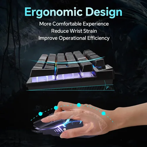 Vista 4 de CHONCHOW - Combo de Teclado y Ratón para Juegos, USB con Cable RGB Retroiluminado, Teclado Mecánico con Sensibilidad Anti-ghosting 3200DPI y Ratón