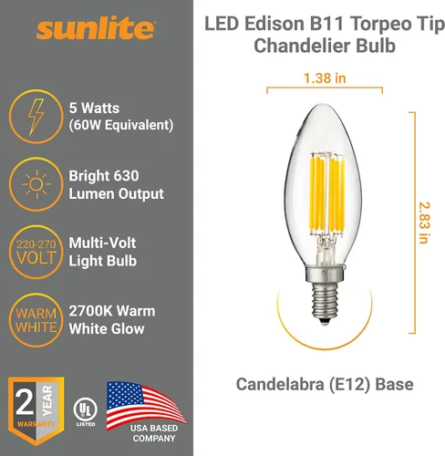 Vista 3 de Sunlite Bombilla LED Edison B11 con punta de torpedo 40302, 5 vatios (equivalente a 60 W), 630 lúmenes, base de candelabro E12, filamento de vidrio