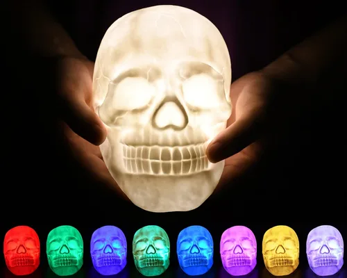 Vista 2 de DS. DISTINCTIVE STYLE Lámpara de luz nocturna regulable con control táctil de calavera 3D, viene con control remoto que cambia de color, iluminación