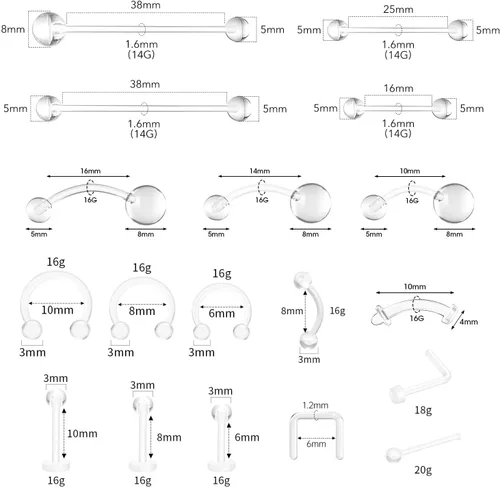 Vista 2 de Juego de 54 retenedores de piercing transparentes, de plástico transparente de varios calibradores, joyería corporal para nariz, orejas, labios
