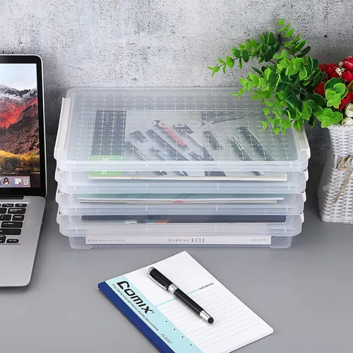 Vista 5 de BTSKY Paquete de 4 cajas de almacenamiento apilables de plástico transparente A4 Plus, contenedor de papel para revistas, con hebilla, accesorios