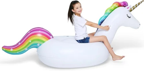 Vista 2 de Jasonwell Big Inflatable Unicorn Pool Float Floatie Ride On with Fast Valves Large Rideable Blow Up Summer Beach Swimming Pool Party Lounge Raft