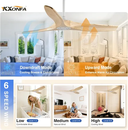 Vista 5 de Ventilador de techo de 52 pulgadas, sin luz, ventiladores de techo de madera para exteriores con control remoto, montaje empotrado, 3 aspas, motor