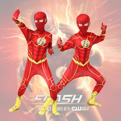 Vista 2 de BinVnog Justice League Superhero Flash Kids Cosplay Bodysuit Costumes