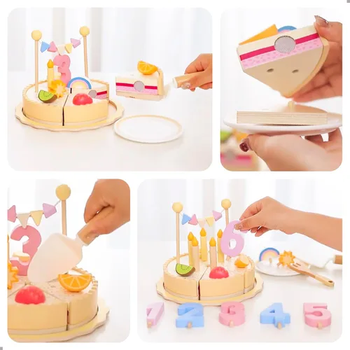 Vista 5 de UMU® Juego de pastel de cumpleaños de madera, juguete de cocina con velas, números, frutas y coberturas, comida de madera para niños de 3, 4, 5