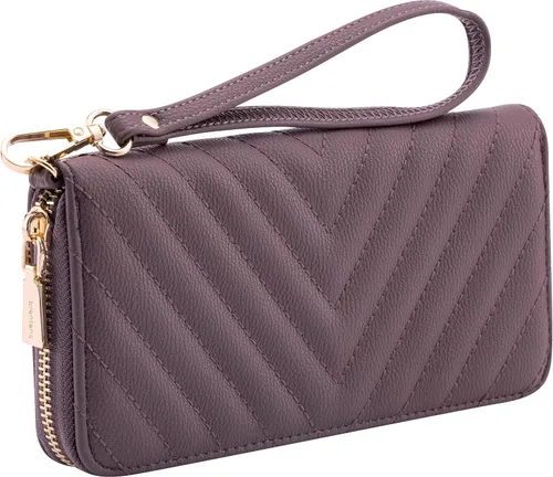 Vista 14 de Brentano Cartera delgada de cuero vegano con cremallera única bordada Chevron con correa extraíble para la muñeca Beige almendra
