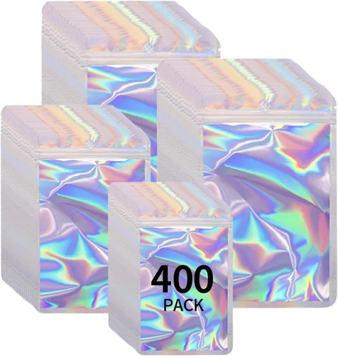 Vista 8 de Paquete de 400 bolsas holográficas de Mylar resellables de 4 tamaños, bolsas para almacenamiento de alimentos, a prueba de olores, con ventana