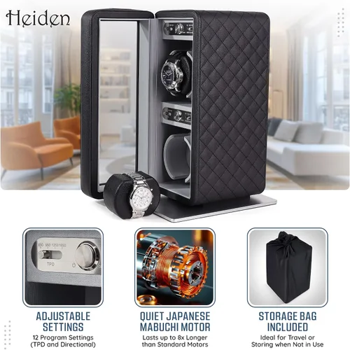 Vista 4 de Heiden Monaco - Bobinadora de reloj doble en cuero negro, funciona con pilas o adaptador de CA, 12 ajustes de programa, cuero vegano cosido