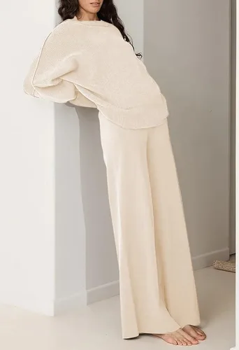Vista 3 de AOHITE Conjunto de 2 piezas para mujer, suéter de punto acogedor y pantalones de pierna ancha
