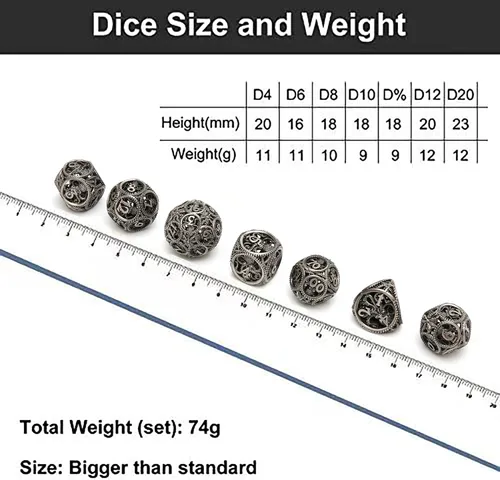 Vista 2 de Dados DND, dados de metal huecos D&D, juego de dados de mazmorras y dragones con caja de regalo, 7 piezas de juegos de dados poliédricos steampunk