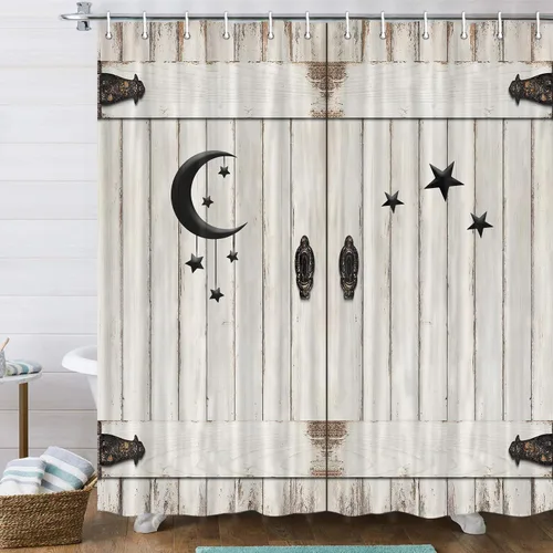 Vista 2 de JAWO Cortina de ducha con puerta de granero, de madera rústica, de madera blanca, Islam, luna creciente y estrella, cortina de ducha moderna