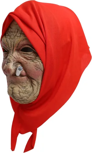 Vista 4 de Pigmiss Máscara de abuela fumadora para Halloween, con diseño de anciana aterradora, realista, con bufanda de tela para la cabeza, disfraces