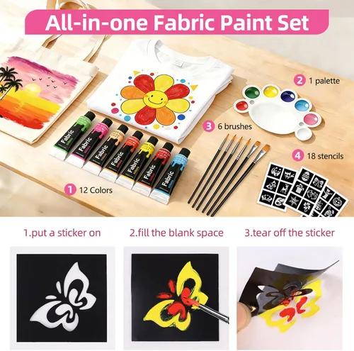 Vista 6 de Colorful Juego de Pintura de Tela para Ropa de 12 Colores - Kit de Pintura Textil Permanente para Zapatos, Lienzo - Juego de Pintura Antideslizante