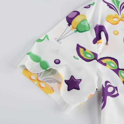 Vista 5 de yolsun Camisa de Mardi Gras para hombre, con cuentas, manga corta, casual, con botones, hawaiana, fiesta en la playa
