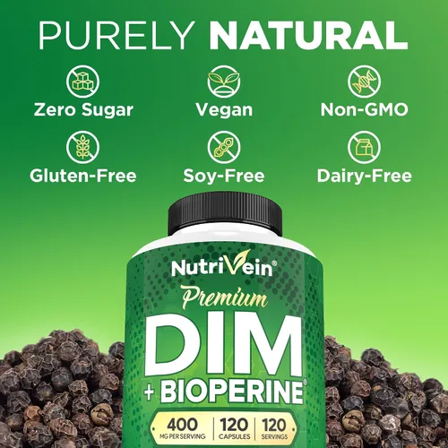 Vista 6 de Nutrivein Suplemento DIM Premium de 400 mg al día - 120 porciones (120 cápsulas): Diindolilmetano para mujeres y hombres - Más Bioperine