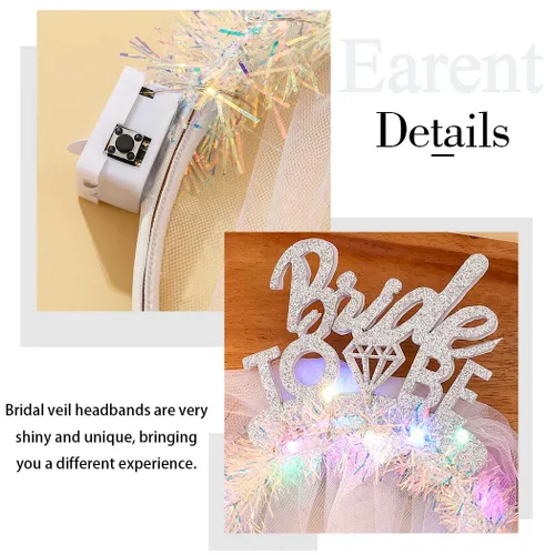 Vista 5 de EARENT Diadema iluminada de tul blanco con luces LED, velos cortos de boda, regalo de despedida de soltera, despedida de soltera, decoración
