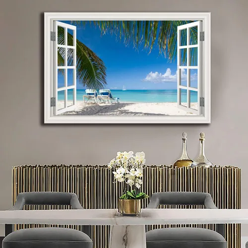 Vista 6 de Cuadro de pared de playa tropical para sala de estar, lienzo estilo marco de ventana, decoración de pared, palmera, impresión artística costera