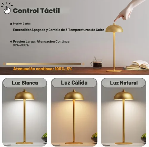 Vista 2 de Lámpara de mesa inalámbrica recargable – Luz de mesa con pilas de 5000 mAh, lámpara de mesa LED regulable continua de 3 colores con función