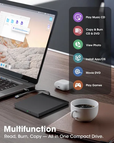 Vista 6 de ROOFULL - Unidad externa de CD y DVD para portátil USB 3.0 Tipo-C, ultra delgada