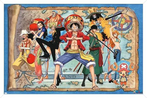 Vista 13 de One Piece - Póster de pared con mapa grupal, 22.4 pulgadas de largo x 14.7 pulgadas de ancho, versión enmarcada de madera de granero