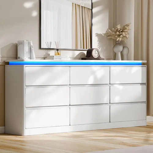 Vista 11 de Gyfimoie Cómoda Negra de 6 Cajones para Dormitorio, Cajonera Larga de 47.2" con Estación de Carga y Luces LED, Gabinete de Almacenamiento de Madera