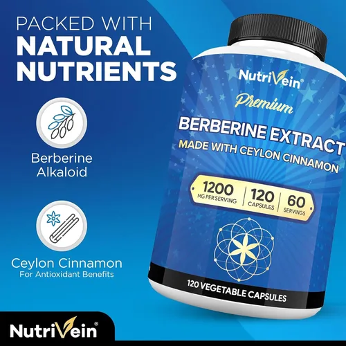 Vista 4 de Nutrivein Berberina Premium 1200 mg con Canela de Ceilán - 120 Cápsulas: Suplemento de berberina de alta absorción para defensas, digestión