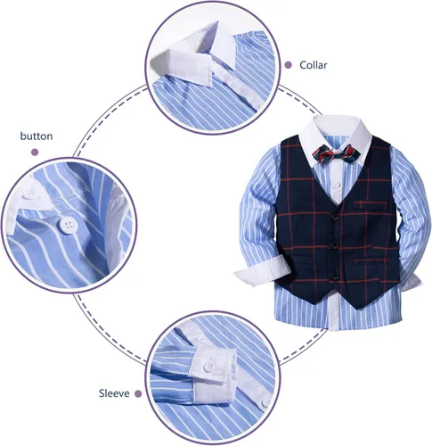 Vista 4 de Trajes formales para niños, conjuntos de ropa para niños, 4 piezas, camisas + chaleco + pantalones + pajarita, trajes de esmoquin para niños de 2 a