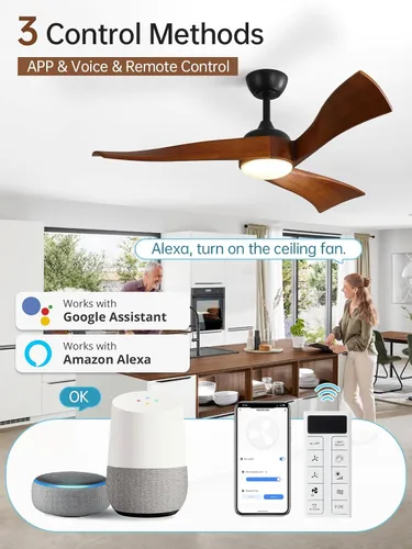 Vista 2 de Sofucor Ventiladores de techo inteligentes de 52 pulgadas con luz moderna de madera maciza para exteriores, ventilador de techo de 3 aspas con luz