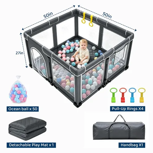 Vista 5 de Corralito plegable para bebé de 50 x 50 con alfombra, corral Gris oscuro