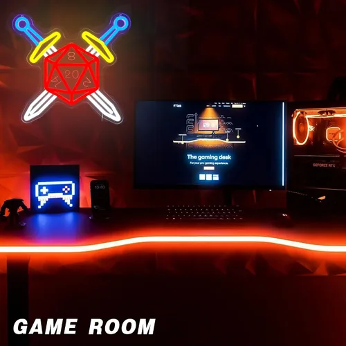 Vista 6 de Letrero de neón de espada y dados, decoración para juegos RPG, letrero de juego DND para sala de juegos, sala temática de dados, mesa de fantasía