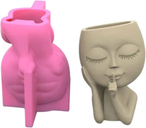 Vista 5 de Moldes de hormigón para macetas, 2 piezas de molde de silicona para macetas de figura de cabeza de niña pequeña, molde de silicona para decoración