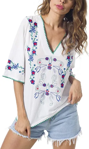 Vista 6 de YZXDORWJ Blusas estilo túnica mexicanas con bordado bohemio de verano para mujer