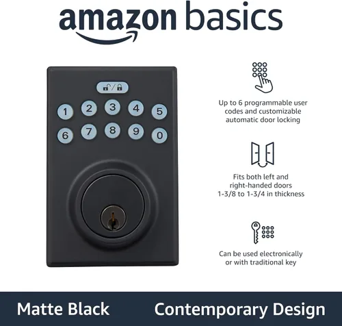 Vista 2 de Amazon Basics Cerradura de Puerta con Pestillo de Seguridad y Teclado Electrónico con Control Táctil sin Llave, Instalación Fácil, Bloqueo